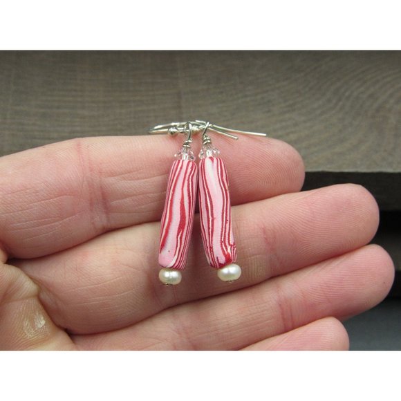 Jewelry - Sterling Silver Glass And Pearl Candy Cane Earrings